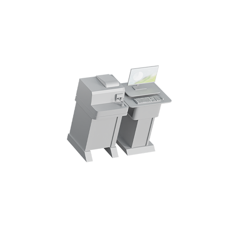 3D render of a monitor, keyboard, and mouse on a stand that is next to a rectangular semiconductor authentication machine.
